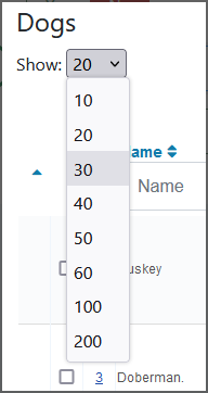 A select box to change the number of records per page